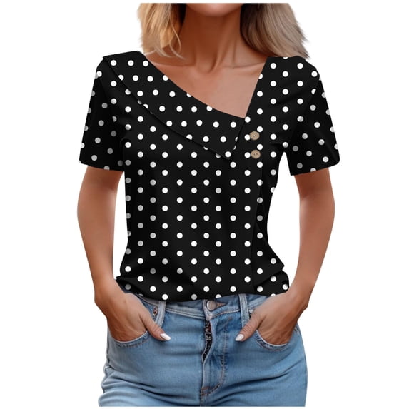 Black Polka Dot Brunch Shirts for Women Fall Summer Short Sleeve Spandex Print Tops Blouses Shirts Ladies Button 2026 Soft Comfy Clothes Regular Fit Country Concert XL