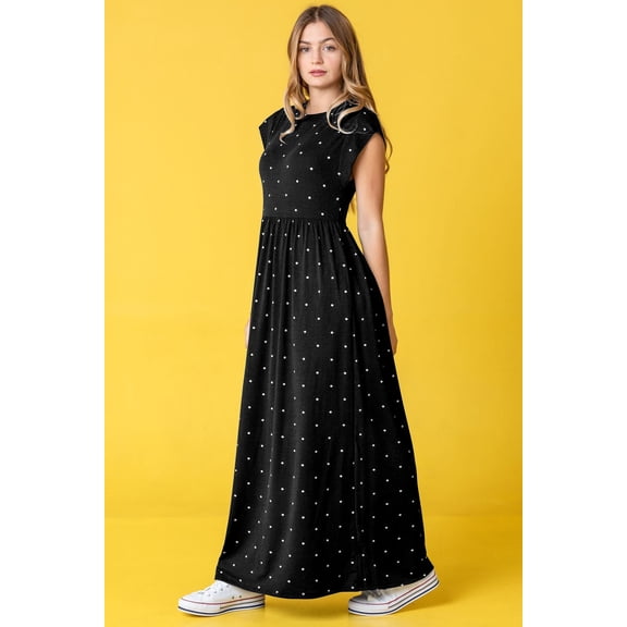 Black Polka Dot Folded Cap Sleeve Maxi Dress with Pocket