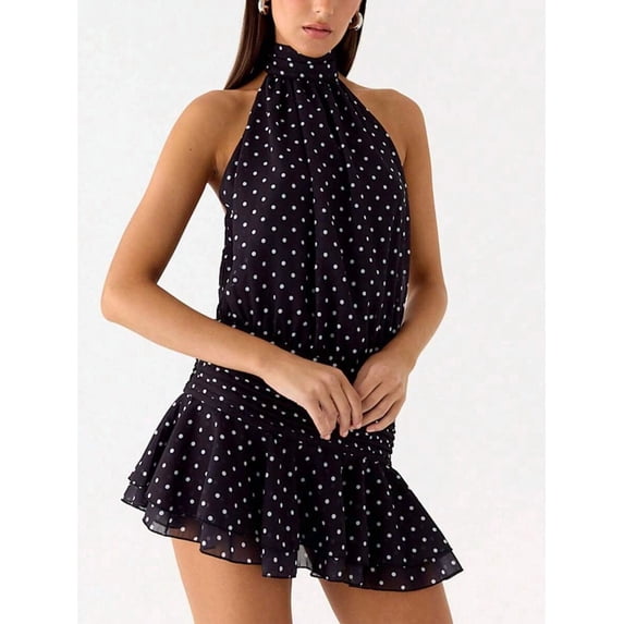 Black Polka Dot Halter Ruffle Mini Dress Chiffon Sleeveless A-Line Swing Sundress
