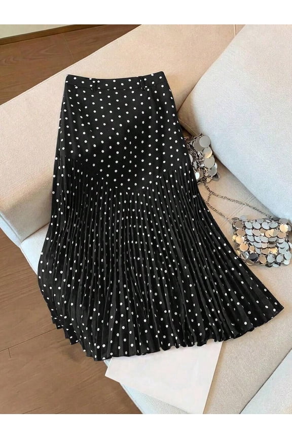 Black Polka Dot Pleated Midi Skirt For Women Casual Work A-Line