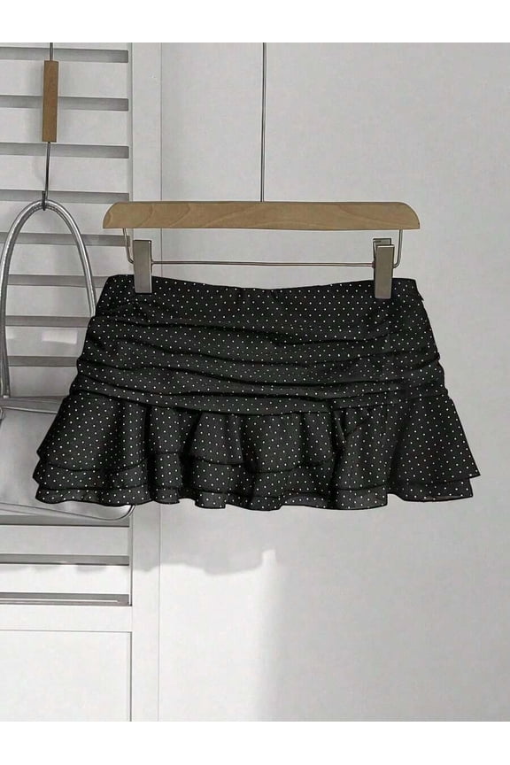 Black Polka Dot Pleated Tiered Ruffle Mini Skirt A-Line Sweet Vacation Style