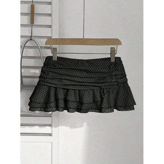 Black Polka Dot Pleated Tiered Ruffle Mini Skirt A-Line Sweet Vacation Style