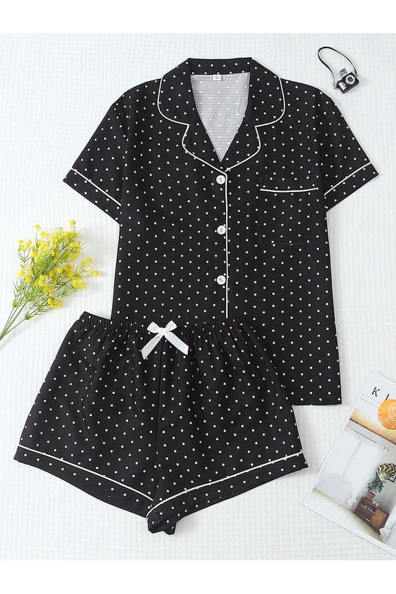 Black Polka Dot Print Womens Short Sleeve Button-Up Top And Bow-Waist Shorts Pajama Set