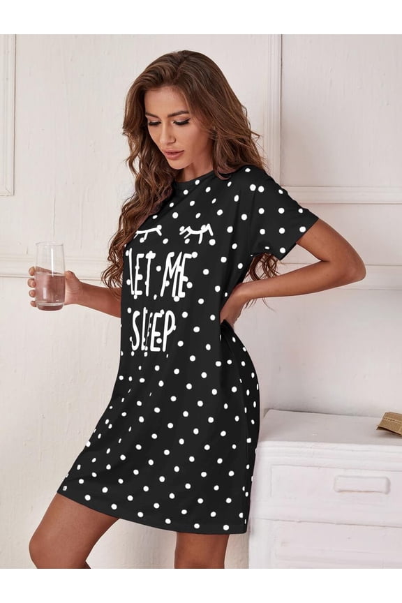Black Polka Dot Slogan Sleep Dress With Short Sleeve And Crew Neck