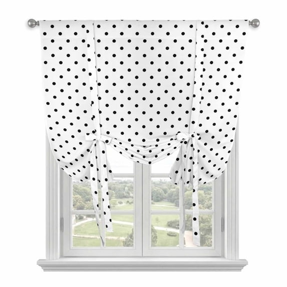 Black Polka Dot Tie Up Curtains for Windows, Adjustable Balloon Window Shades, Modern Simple Geometric Circle Kitchen Window Treatments Farmhouse Short Curtains with Rod Pocket 42"x45"