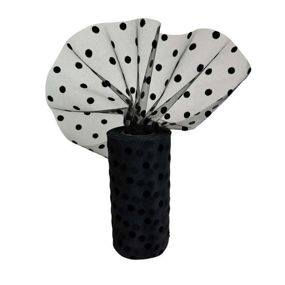 Black Polka Dot Tulle Decor - 6" x 25 Yards, Fabric Netting Ribbon, Wedding Decor, Reception, Wreath, Garland, Veil, Streamers, Halloween, Christmas