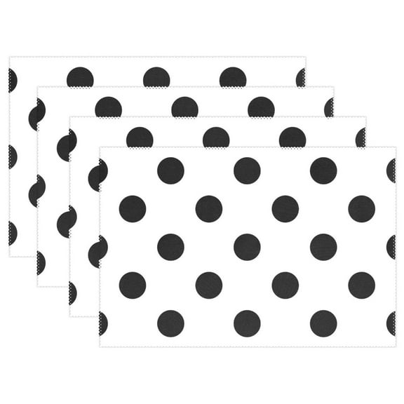 Black Polka Dots 4 PCs Placemats Set Linen Non-Slip Table Mat Rectangular Washable for Dining Kitchen Party 12"x18"