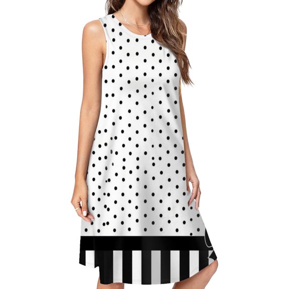 Black Polka Dots And Stripes Casual Sleeveless Loose Sundress Dress For Women Summer Dress Daily Woman