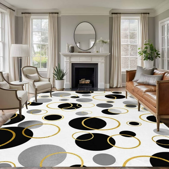 Black Polka Dots Area Rugs 8'x10', Washable Small Throw Rugs for Living Room Patio, Modern Abstract Art Indoor Outdoor Rug Non-Slip Low Pile Carpet Runner Reversible Floor Mats