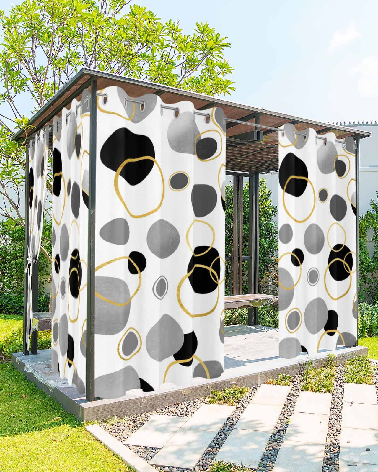 Black Polka Dots Outdoor Curtains for Patio, Modern Abstract Art Privacy Drapes Grommet Waterproof Outside Curtains for Porch/Cabana/Balcony 54"x 108", 2 Panel