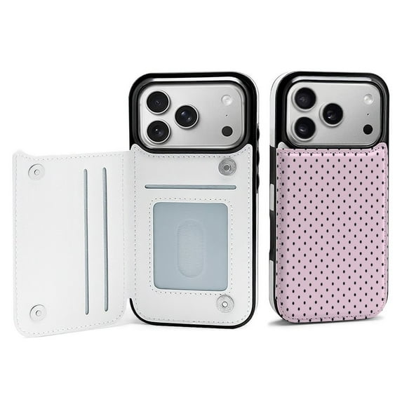 Black Polka Dots Pink Background Leather Wallet Case for iPhone 17 Pro Wallet Case Card Holder Flip