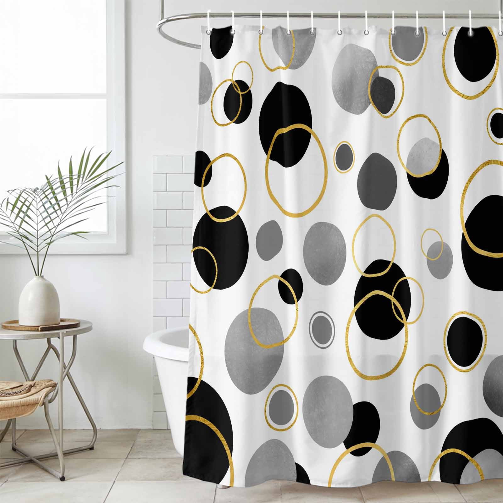 Black Polka Dots Shower Curtain Set, Waterproof Shower Curtains for Bathroom, Modern Abstract Art Washable Fabric Cloth Bath Curtain for Bathtub Decoration with Hooks 48x72 Inches Geometric
