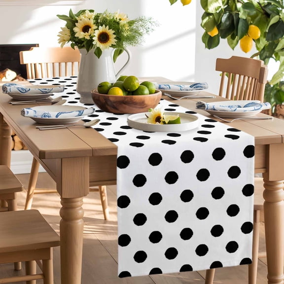 Black Polka Dots on White Table Runner-90 Inch Long Modern Abstract Wave Point Table Runners Linen Burlap Tablerunner for Kitchen Dining Room Holiday Party