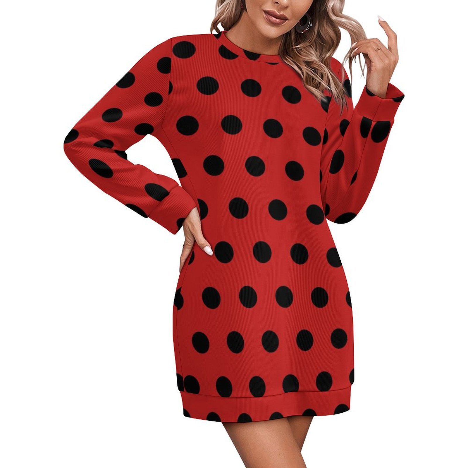 Black Polka Dots on Red Background Women Elegant Long Sleeve Warm Dress  Autumn Winter Sweater Dress Casual Pullover Mini Dresses - Walmart.com