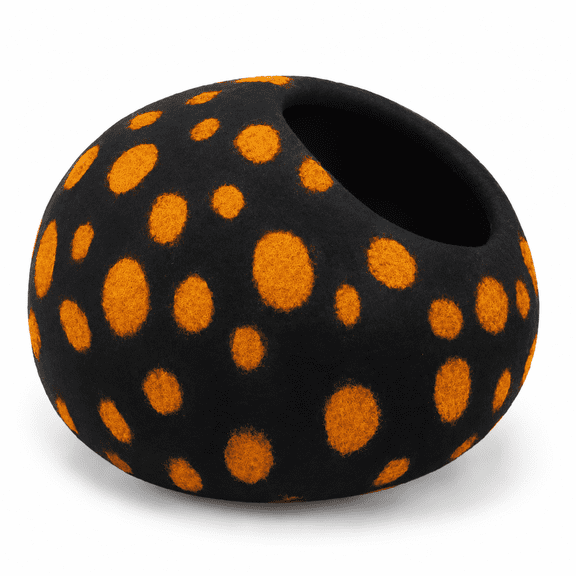 Black Polka Felt Cat Cave Bed, Merino Foldable Indoor Cat House Pod