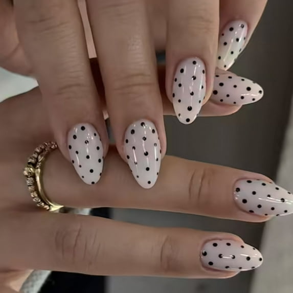Black Polkas Dot Set of 24Pieces Oval False Nails User Friendly ABS Build Quick Wear For Busy Women