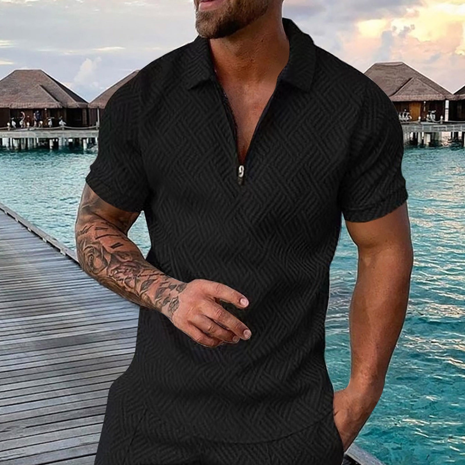 Black Polo Shirts For Men Men'S Shirt Summer Outfits Casual Zipper Up ...