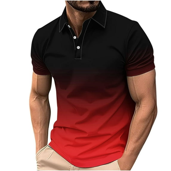 Black Polo Shirts for Men Slim Fit Short Sleeve Gradient Fitted Collared Polo Shirt Athletic Fit Summer Casual Polo Shirts,Red,XXL