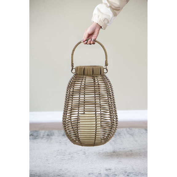 Black Poly Rattan Lantern with Timer Function, 7.9x7.9x10.6" Decorative LED Candle Light for Automatic Evening Ambiance, Indoor Outdoor Use