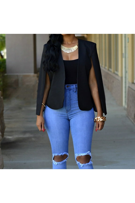 Black Polyester Cover-Up Wedding Women's Fleece Jackets & Coats, Women Loose Short Cloak Coat Cape Cardigan Jacket Trench Outwear