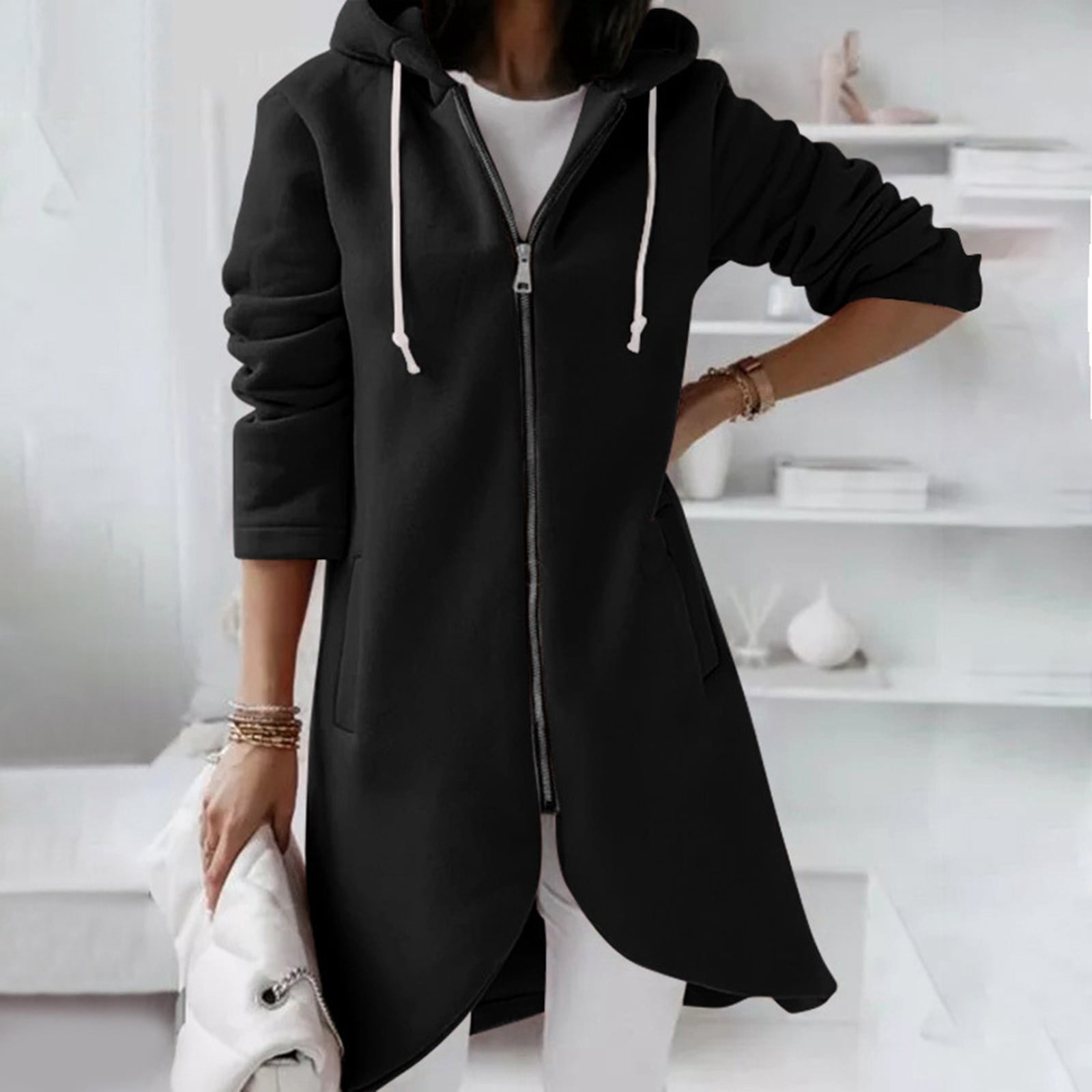 Black Polyester Streetwear Solid Hooded Neck FullLength Women's Fleece