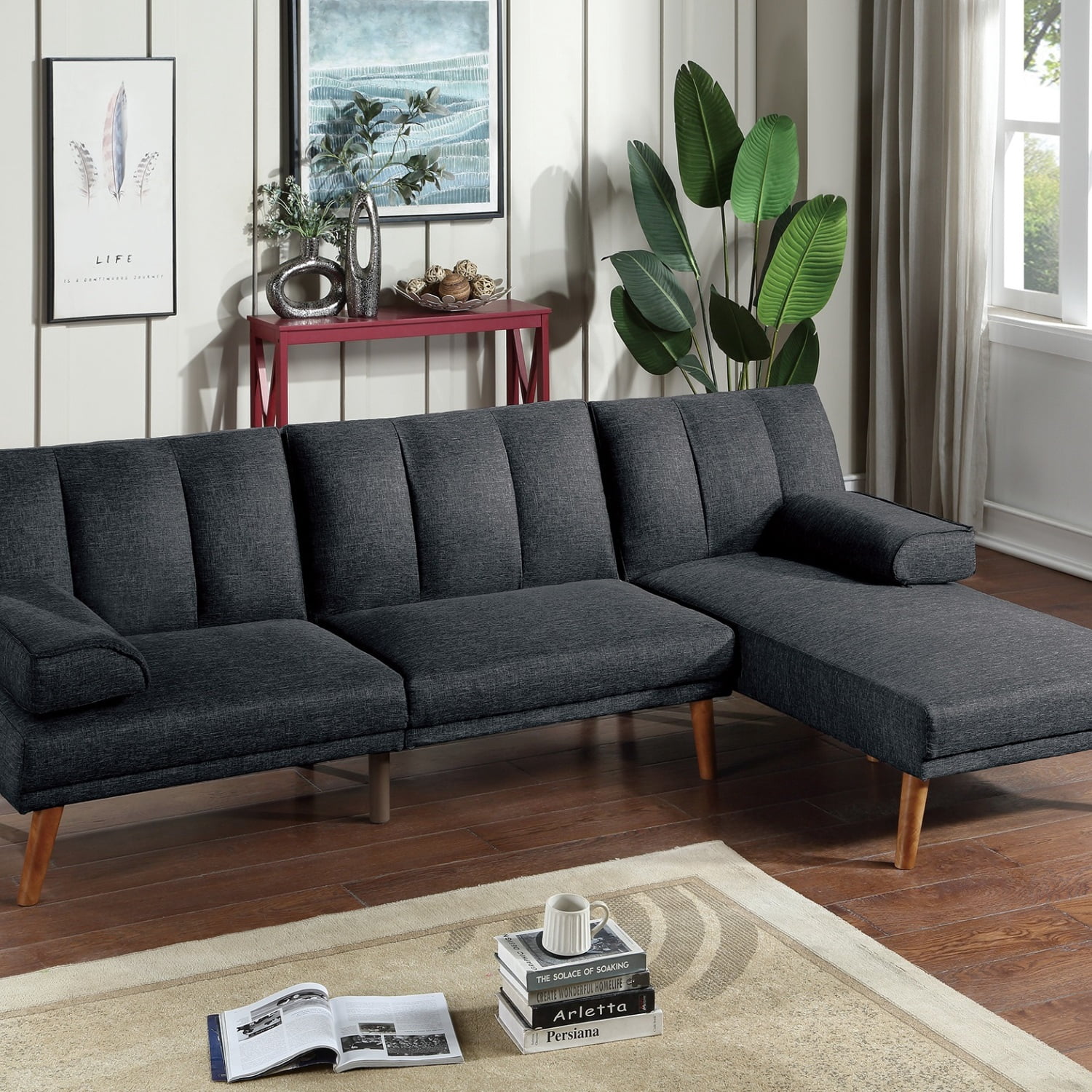 Black Polyfiber 2pc Sectional Sofa Set Living Room Solid wood Legs ...