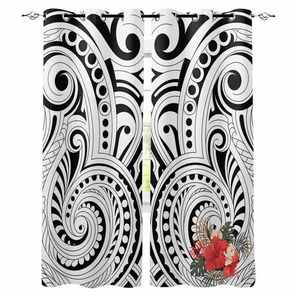 Black Polynesia Texture Blackout Curtains for Bedroom/Living Room, Thermal Insulated Kitchen Curtains, Retro Flowers Tribes Abstract Art Grommet Darkening Window Treatment Drapes 27.5"x39"x2