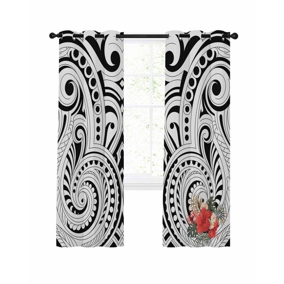 Black Polynesia Texture Blackout Curtains, Light Blocking Print Window Curtains, Retro Flowers Tribes Abstract Art Thermal Insulated Window Drapes for Living Room 2 Panels, 84"W x 84"L