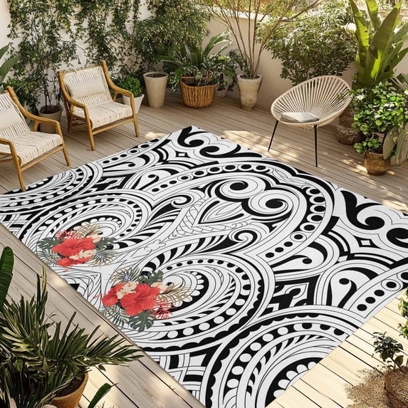 Black Polynesia Texture Outdoor Rug for Patio/Deck/Porch, Non-Slip Large Area Rug 5 x 8 Ft, Retro Flowers Tribes Abstract Art Indoor Outdoor Rugs Washable Area Rugs, Camping Rug Carpet Runner
