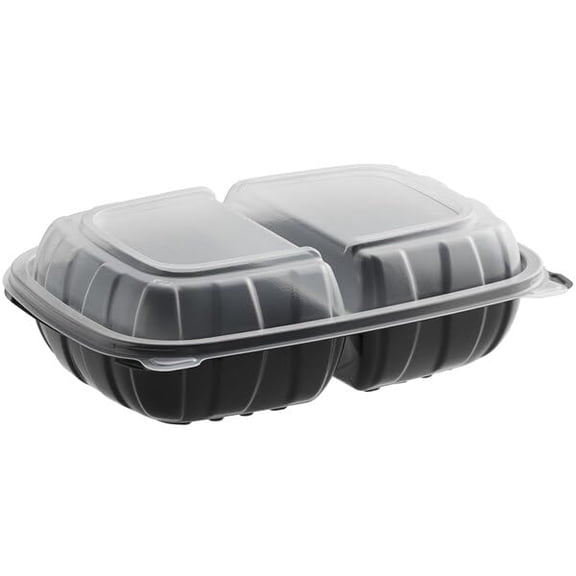 Black Polypropylene Hinged Container, 9x6x3 Inches, 2-Compartment, Microwaveable, BPA Free, Stackable Food Storage Container, 100 Count Case