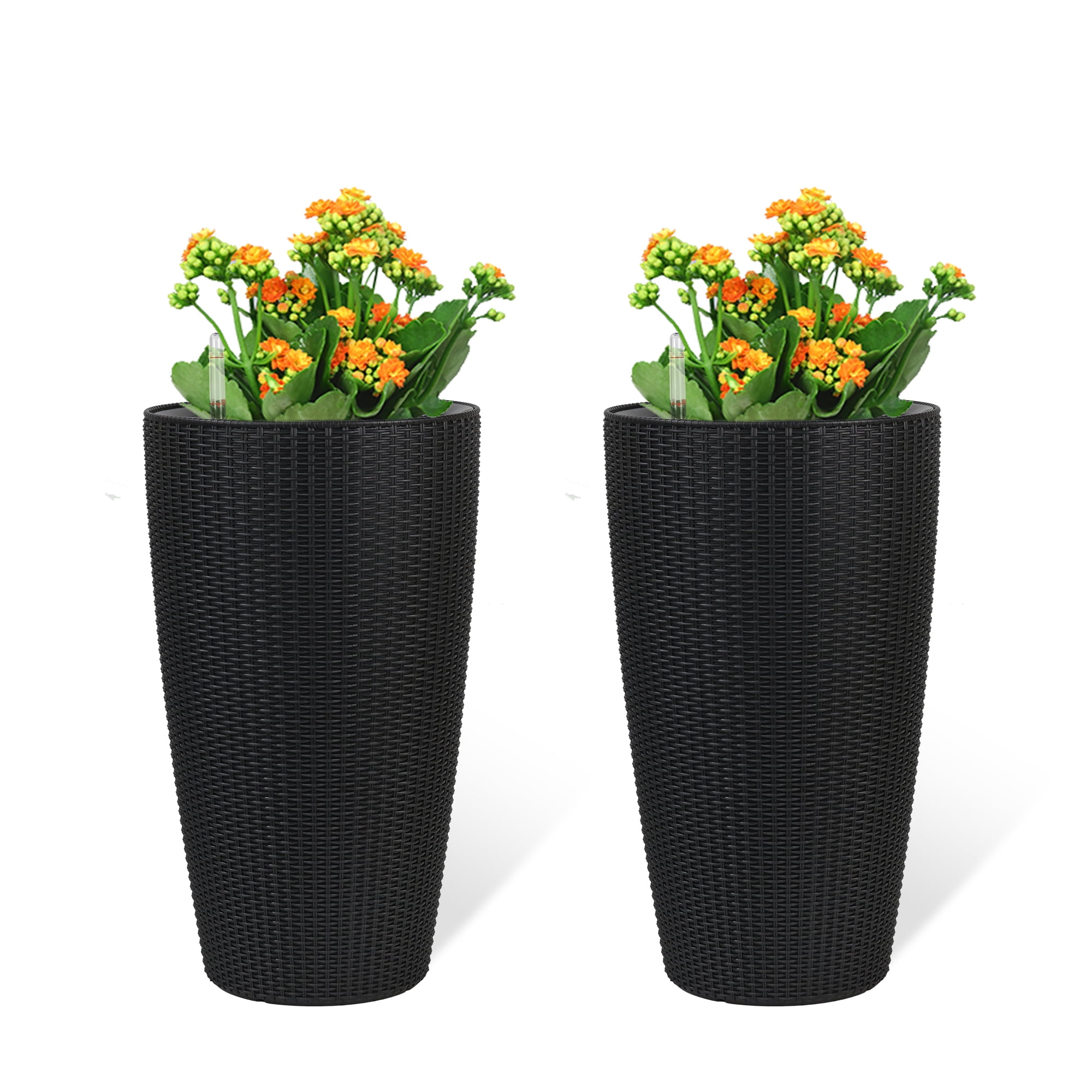 Black Polypropylene Set of 2 Tall Planters - 22.17 in H for Indoor Outdoor Use