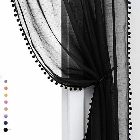 Black Pom Pom Sheer Curtains for Bedroom 63" Linen Texture Decorative Voile Draperies Chic Solid Sheer Curtain Panels for Living Room 52" w 2 Pack