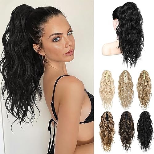 Black Ponytail Extension, 18" Wavy Claw Clip Ponytail Extensions ZJ001 Length Curly Wavy Claw Clip in Ponytail Hair Extensions Synthetic Pony tails Hairpieces-Black