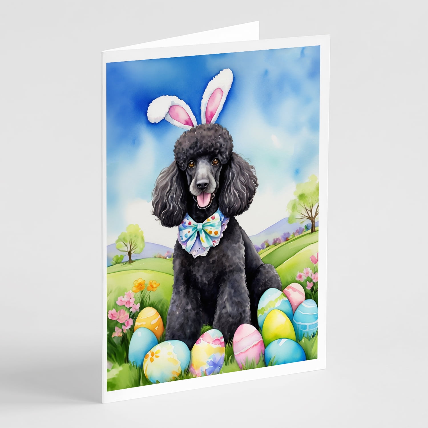 Black Poodle Easter Egg Hunt Greeting Cards Pack of 8 7 in x 5 in