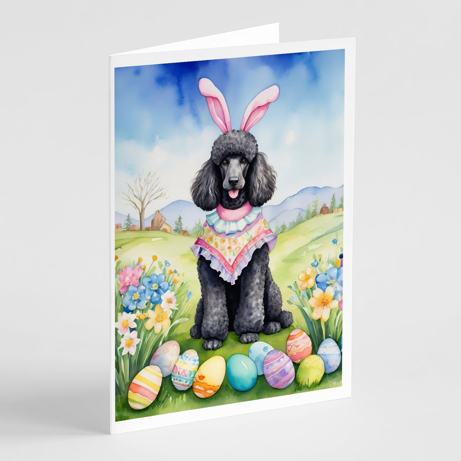 Black Poodle Easter Egg Hunt Greeting Cards Pack of 8 7 in x 5 in