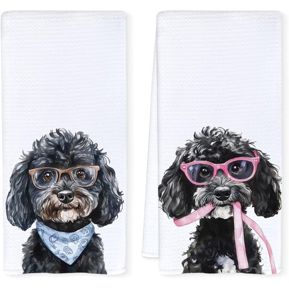 Black Poodle Kitchen Towels Set of 2, Cute Puppy Decorative Dish Tea Towels, Dog Lover Gifts for Women, 16 x 24 Inch Hand Towels for Kitchen & Bathroom Decor