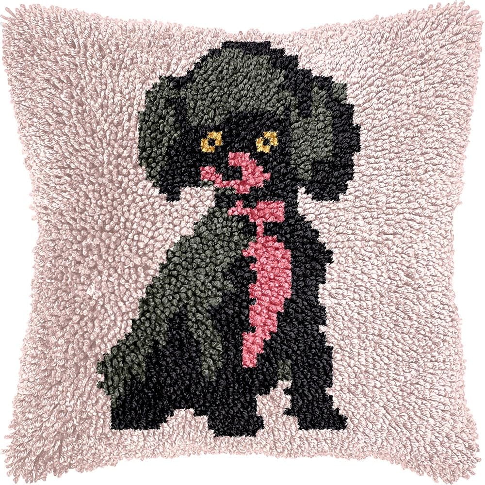Black Poodle Latch Hook Rug Kit - 50x50cm DIY Crochet Round Floor Mat With Preprinted Canvas