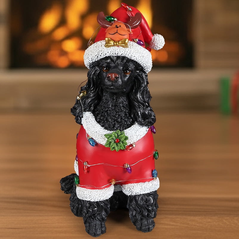 Black Poodle Red Santa Outfit Christmas Dog Statue with Reindeer Antlers Holiday Tabletop Decor