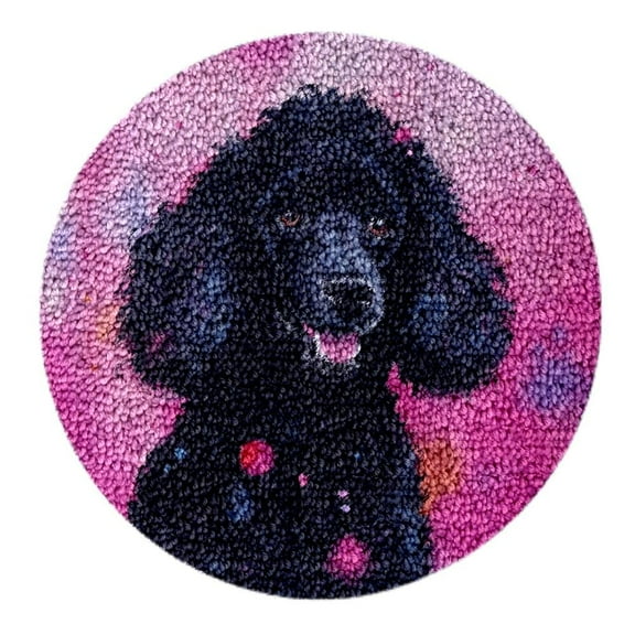 Black Poodle Round Shape Latch Hook Rug Kits Set for Starter Crochet Hook Cushion Floor Mat Sofa Seat Cushion Kits with Preprinted Canvas Crochet Yarn Carpet 50X50CM (sn61)