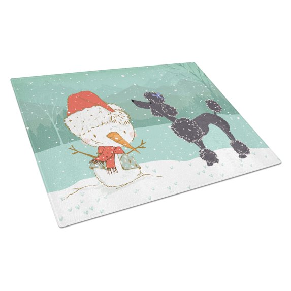 Black Poodle Snowman Christmas Glass Cutting Board Large