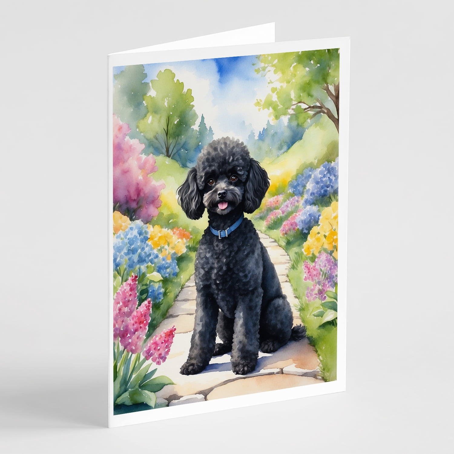 Black Poodle Spring Path Greeting Cards Pack of 8 7 in x 5 in
