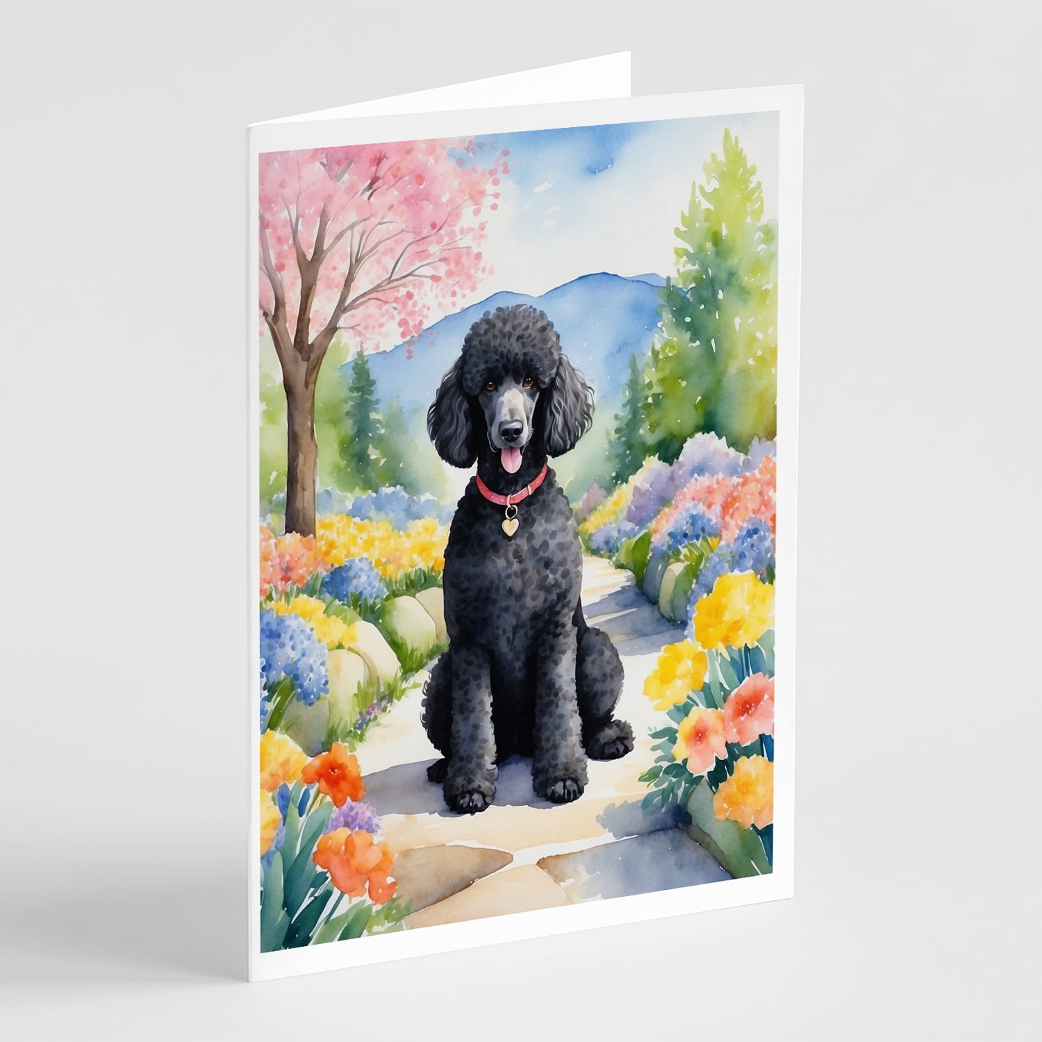 Black Poodle Spring Path Greeting Cards Pack of 8 7 in x 5 in