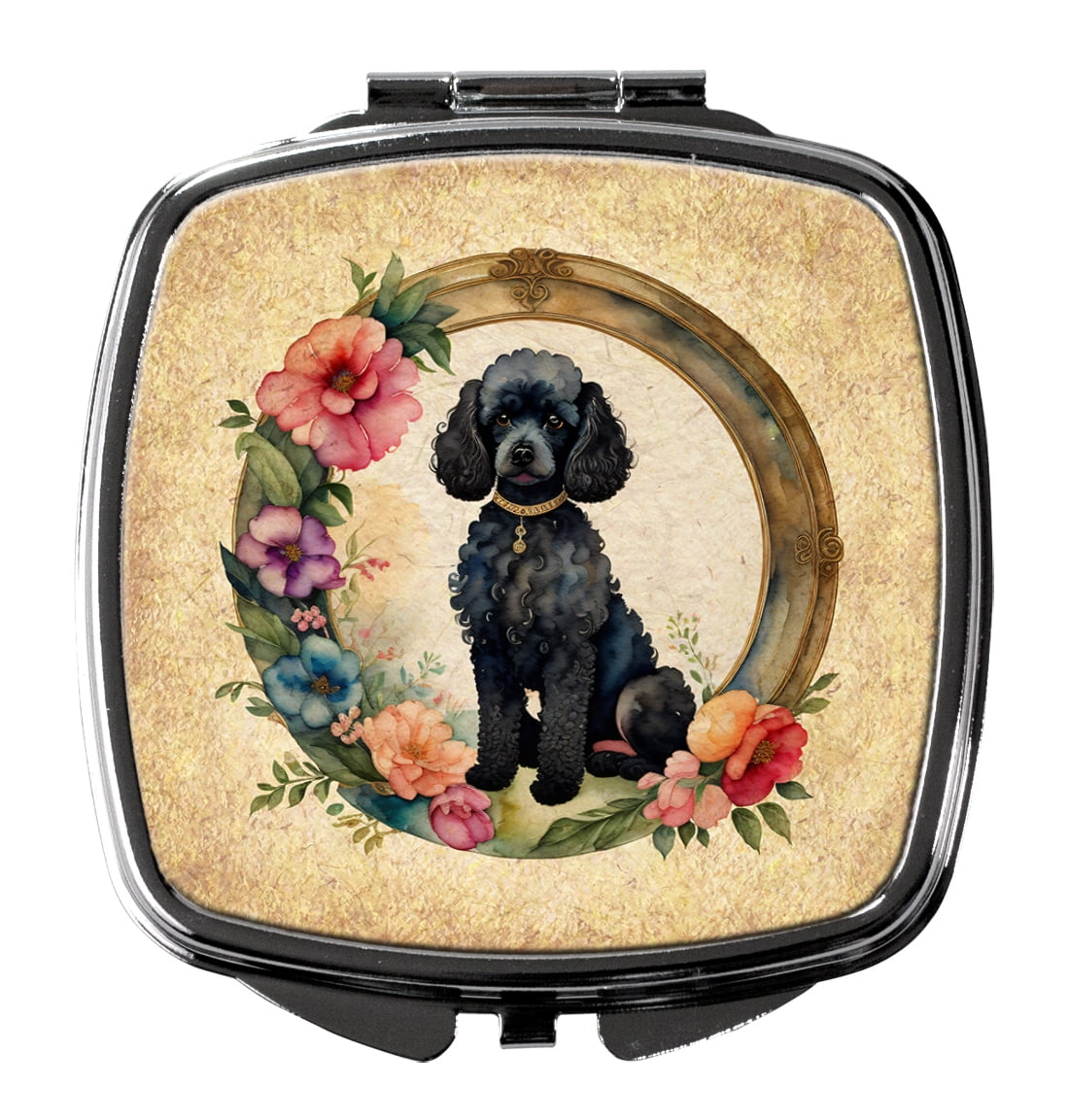 Black Poodle and Flowers Compact Mirror 2.75 in x 3 in