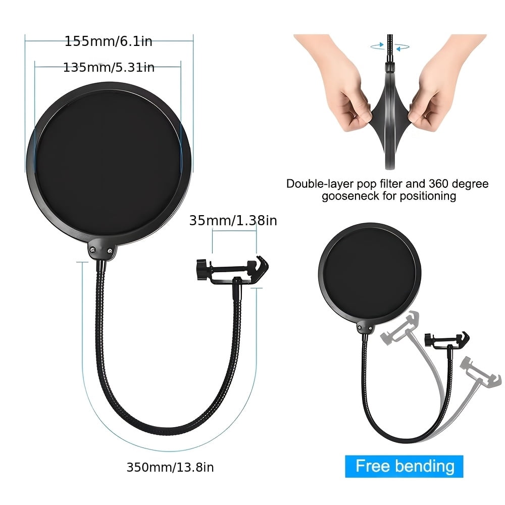 Black Pop Filter with Double-Layer Mesh, 360° Adjustable Gooseneck Arm for Streaming, Recording, Karaoke & Broadcasting