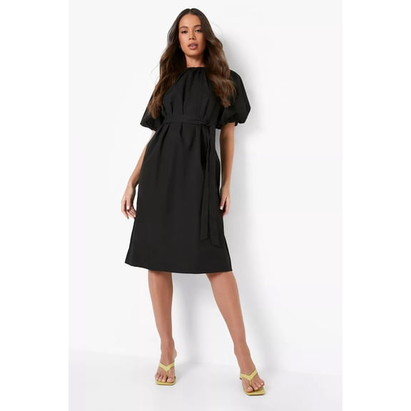 Black Poplin Tie Waist Midi Skater Dress