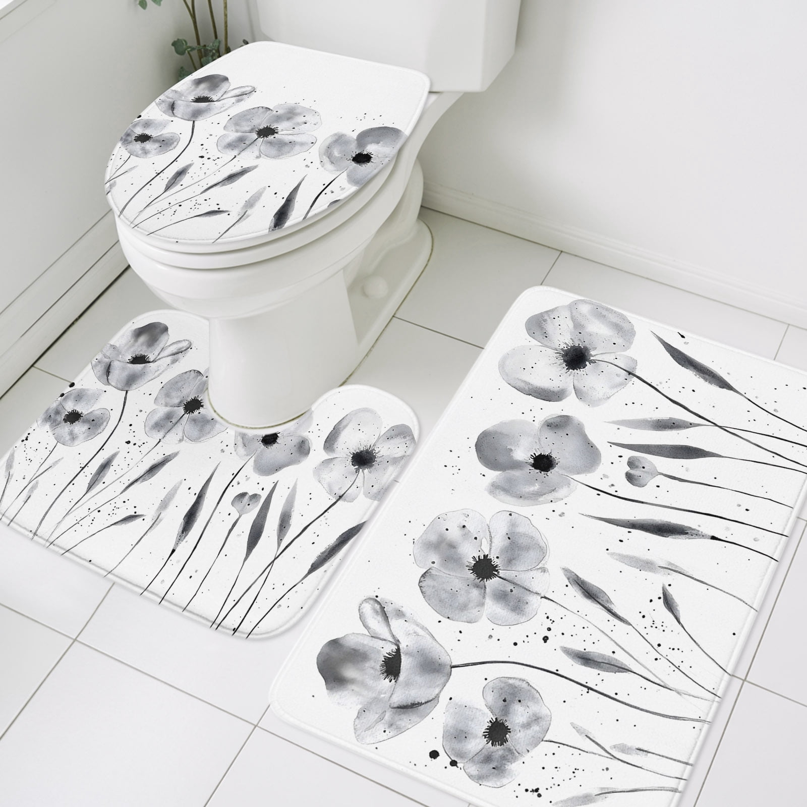 Black Poppy Bathroom Rugs Set Leaves Modern Watercolor Floral Non Slip ...