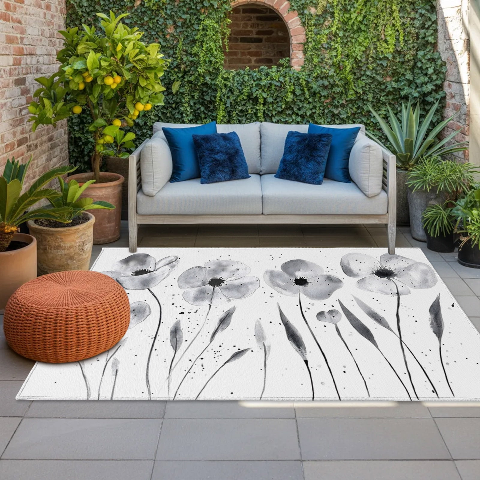 Black Poppy Indoor Outdoor Rugs 4x6 Ft, Leaves Modern Watercolor Floral ...