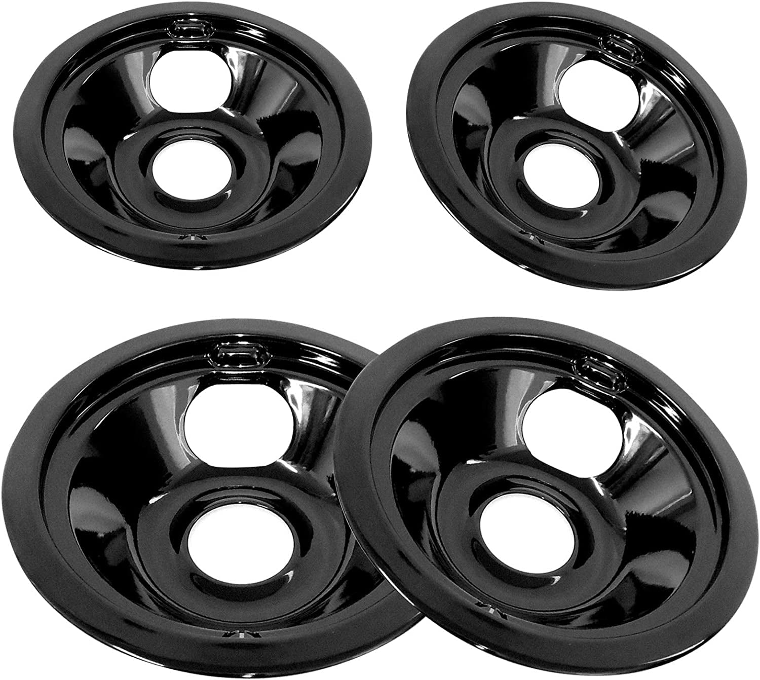 Black Porcelain Drip Pans Set 4-Pack 318067041 & 318067051 Replacement for Frigidaire Electric Range Stove Burner 5304430149, 5304430150 Includes 2 Large 2 Small (6 Inch and 8 Inch)