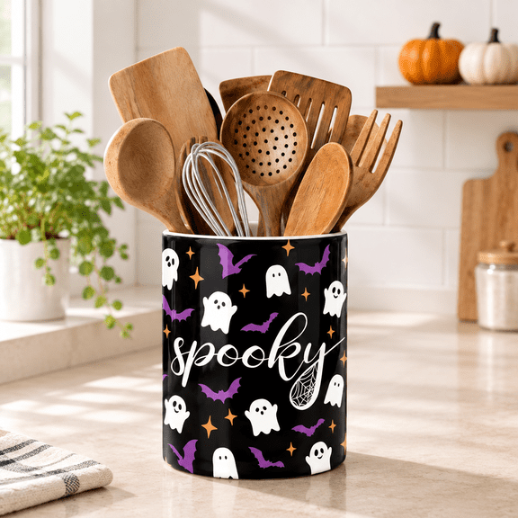 Black Porcelain Kitchen Utensil Holder, 6.3 Inch Spooky Ghost Bat Design Organizer
