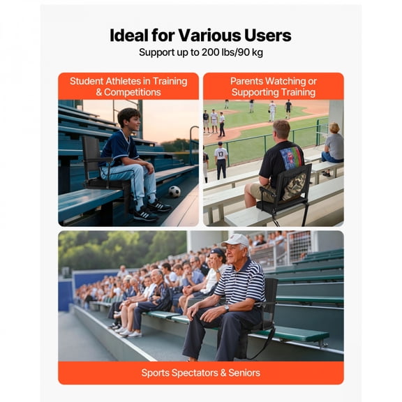 Black Portable Bleacher Seat 2PCS Iron Frame Stadium Chair With Armrest Back Support Thick Cushion Cup Holder Hooks Shoulder Strap For Bleachers